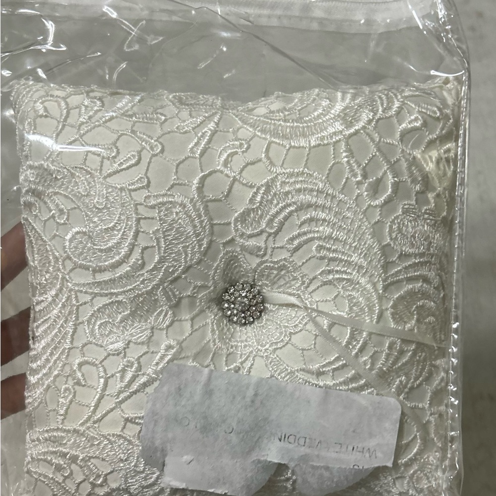 Ivory Lace Decorative Ring Pillow with Rhinestone Accent